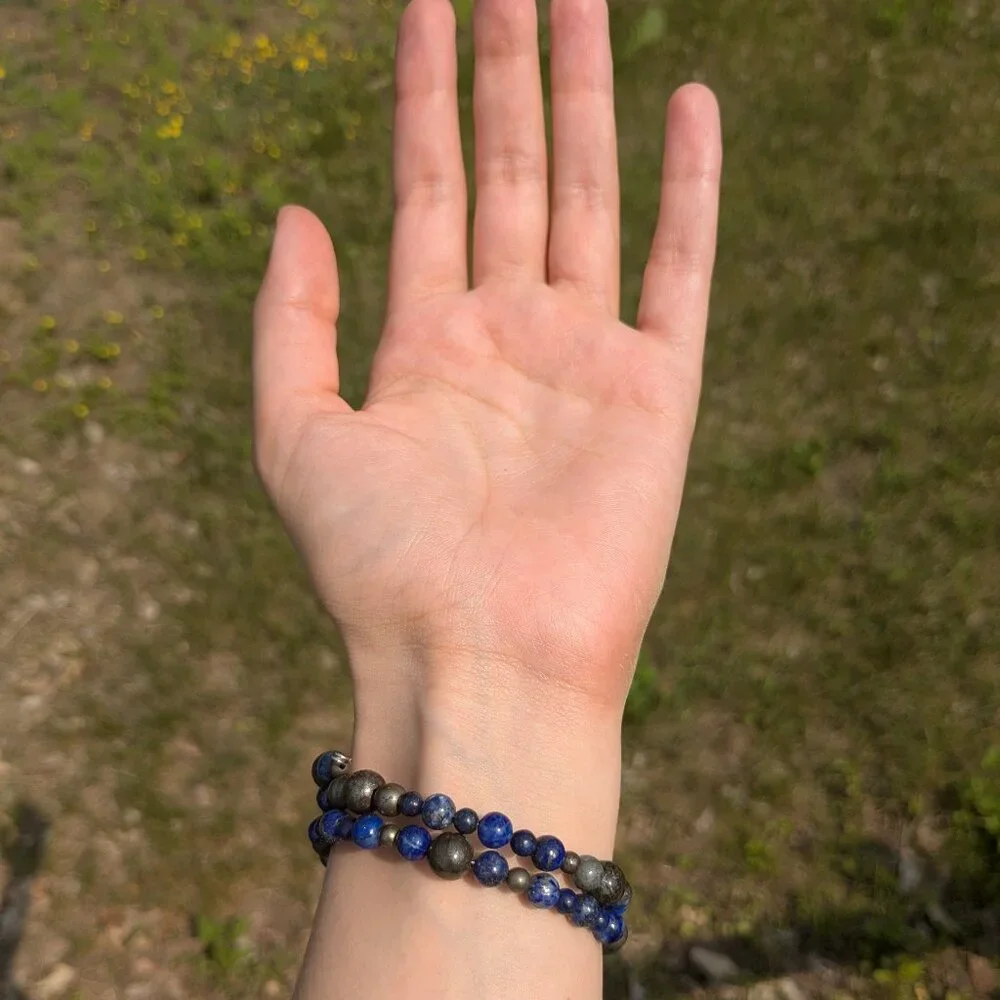 Natural Lapis Lazuli and Pyrite Memory Wire Layer Bracelet - Picture 14 of 14